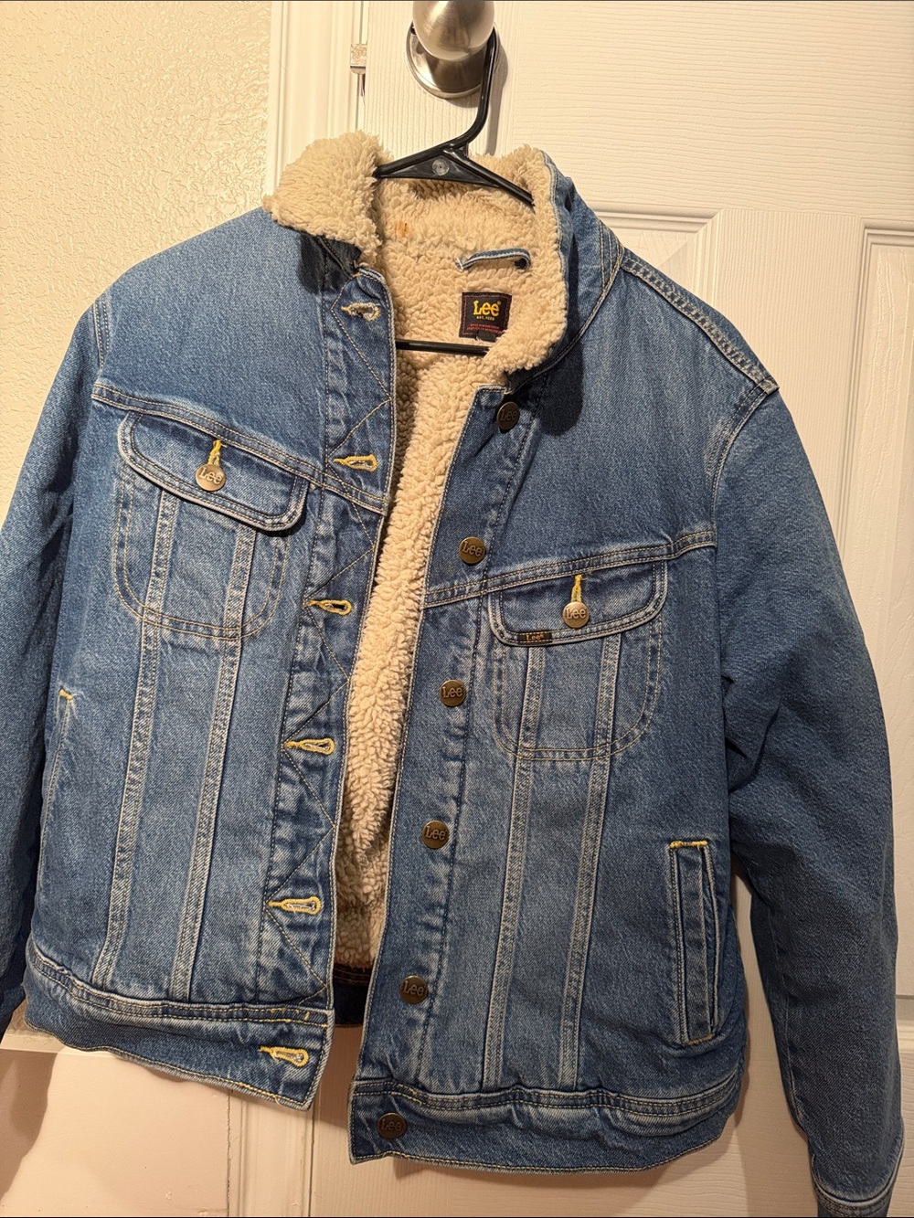 Lee Men’s Sherpa-Lined Denim Jacket in Light Blue and Cream